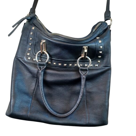 B Makowsky Bag Black Pebbled Leather Crossbody Tote Silver Stud Detail - Picture 1 of 16